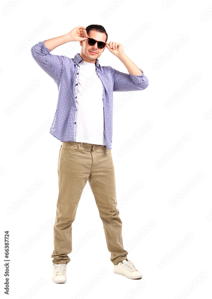 handsome young man with sunglasses enjoying over white handsome young man with sunglasses enjoying over white