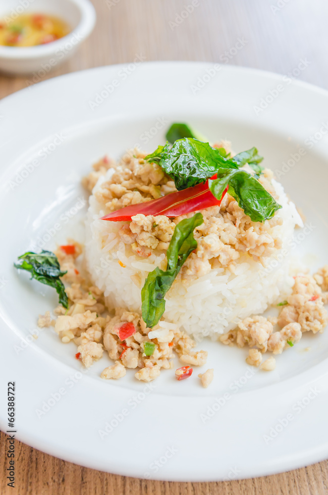 Spicy fried chicken with basil and rice Spicy fried chicken with basil and rice