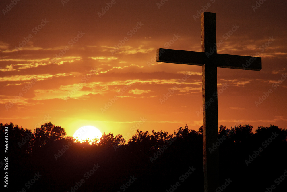 Dramatic Easter Sunrise With Bright Yelllow Sun and Large Cross Dramatic Easter Sunrise With Bright Yelllow Sun and Large Cross