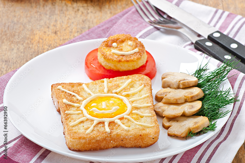 Jolly egg sandwich decorated with mushrooms and tomatoes
