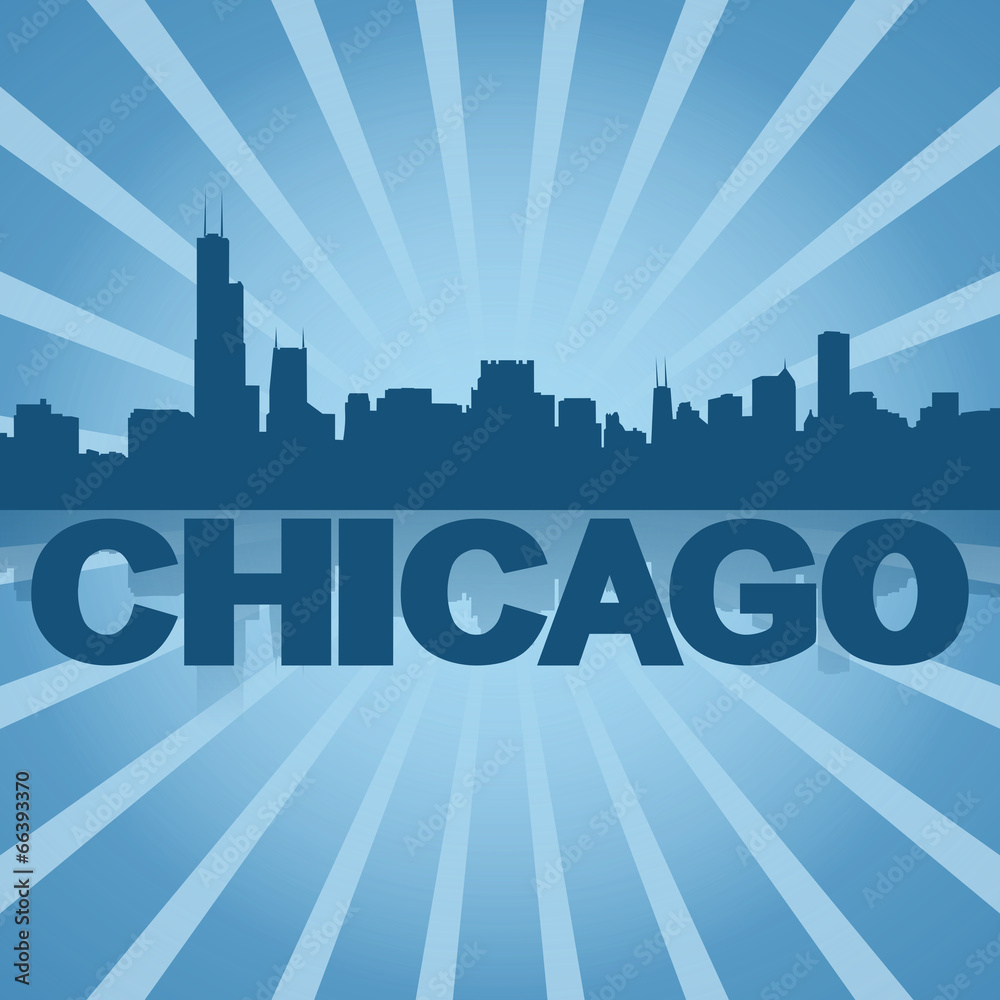 Chicago skyline reflected with blue sunburst illustration