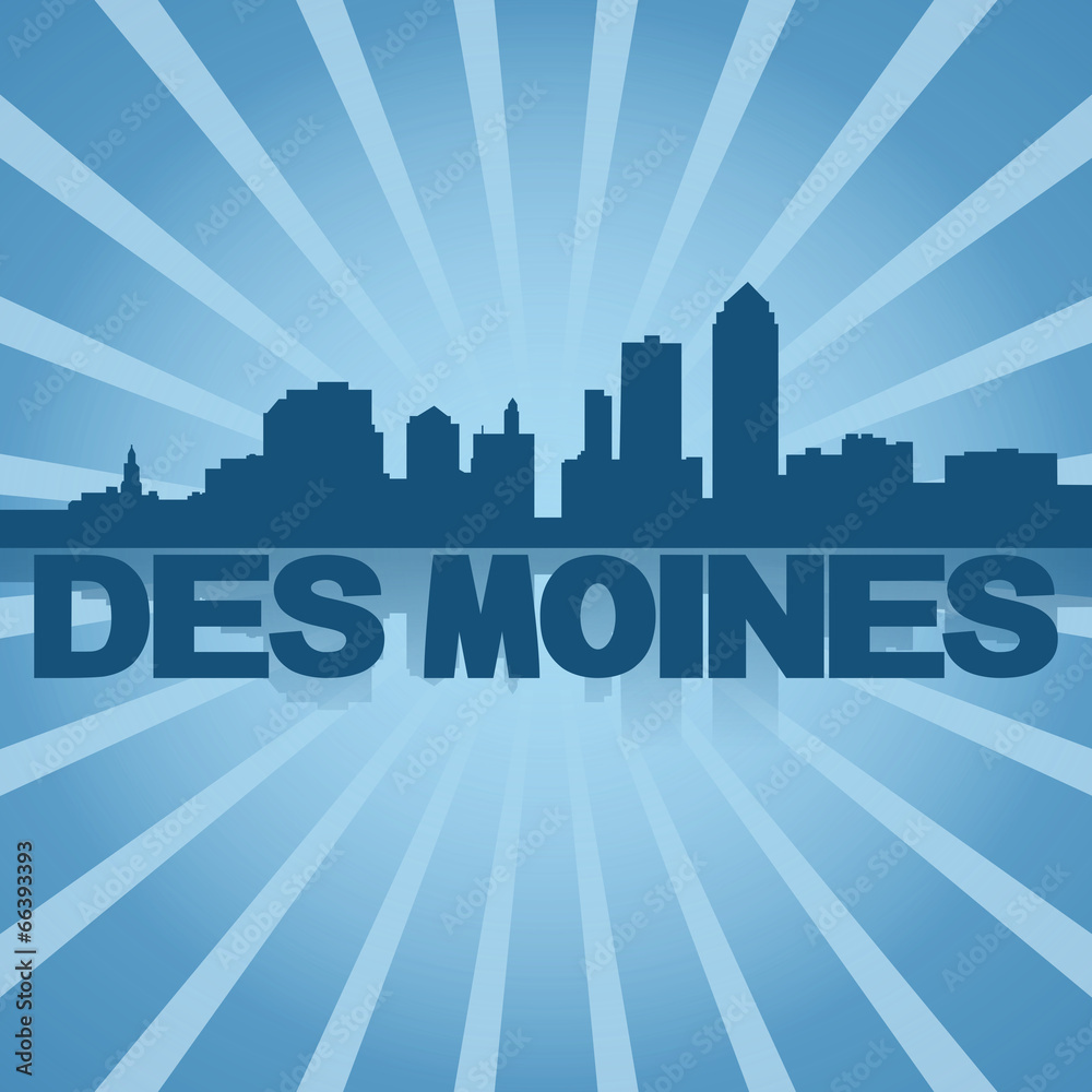 Des Moines skyline reflected with blue sunburst illustration