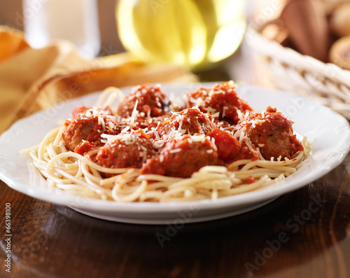 italian spaghetti and meatballs in tomato sauce.