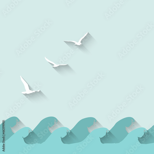 marine background with waves and birds