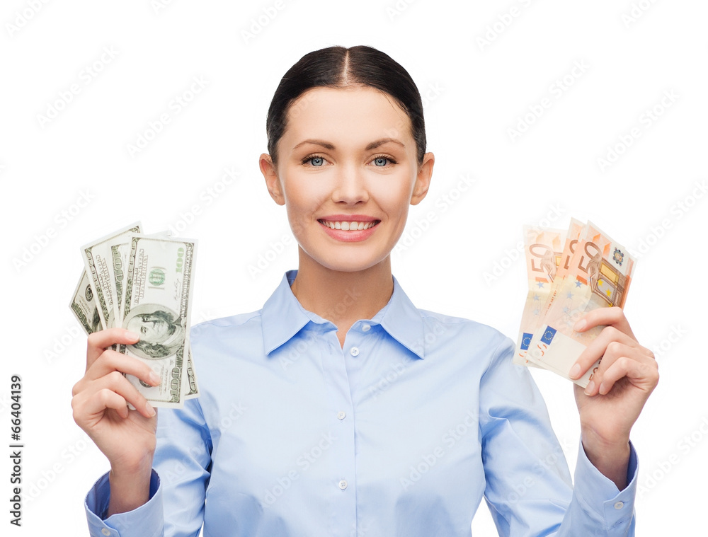 businesswoman with dollar and euro cash money businesswoman with dollar and euro cash money