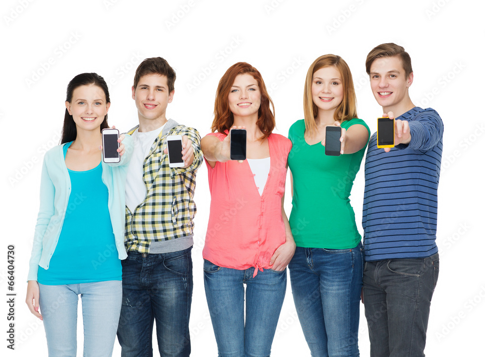students showing blank smartphones screens students showing blank smartphones screens