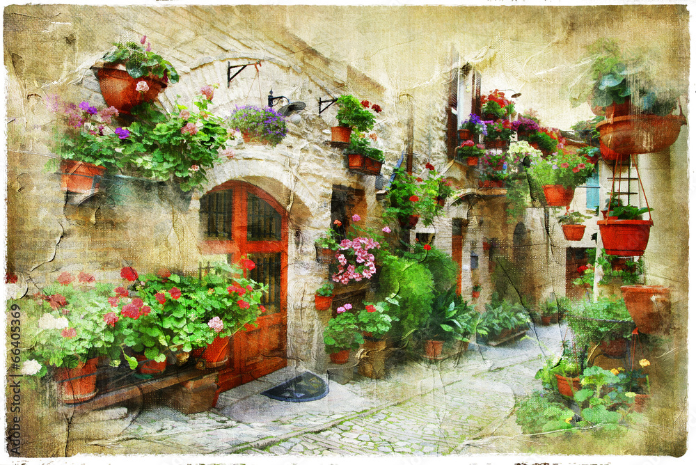 floral streets of Spello, Umbria, Italy. artistic picture