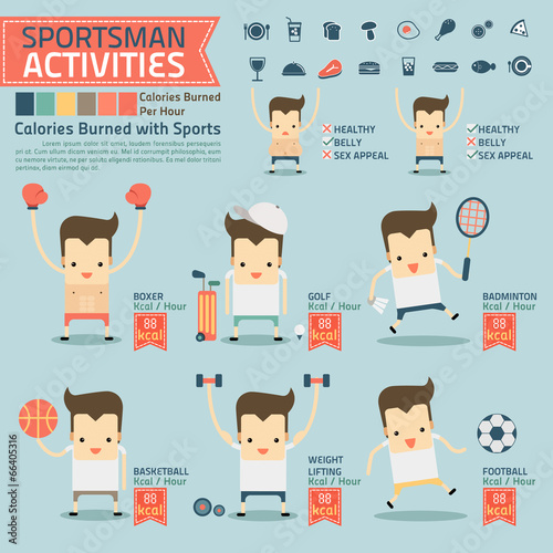 sportsman activities and calories burned infographics with food