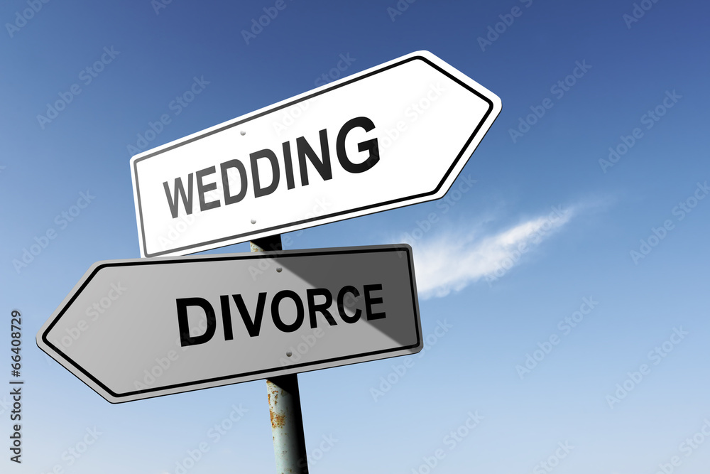 Wedding and Divorce directions. Opposite traffic sign. Wedding and Divorce directions. Opposite traffic sign.