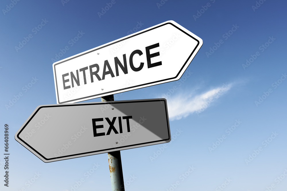 Entrance and Exit directions. Opposite traffic sign. Entrance and Exit directions. Opposite traffic sign.