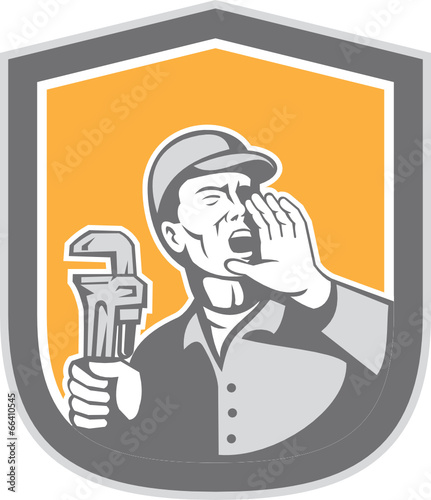 Plumber Shouting Holding Wrench Shield Retro
