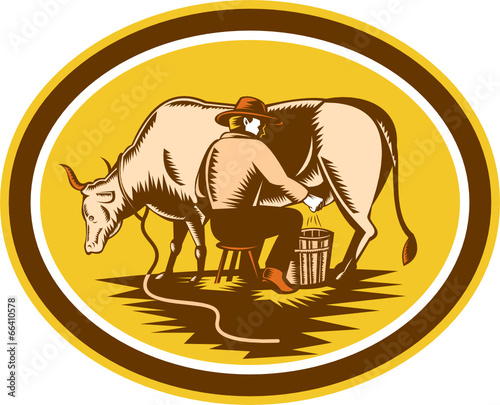 Farmer Milking Cow Oval Woodcut