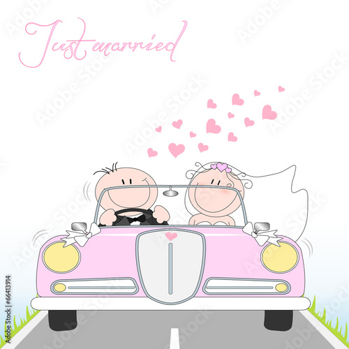 wedding card with cartoon groom and bride in car