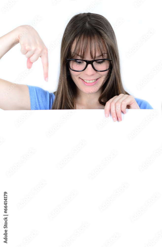 Portrait of a young female with with blank white board Portrait of a young female with with blank white board