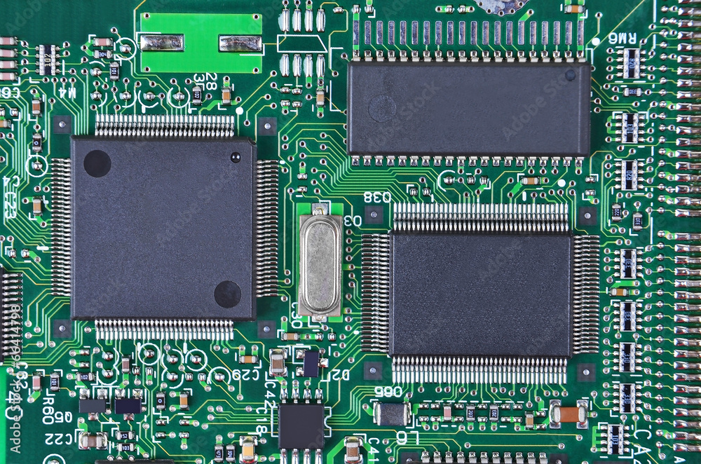Close up of a printed green computer circuit board Close up of a printed green computer circuit board