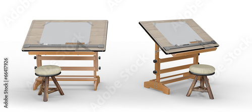 New wooden drawing table with tools and  stool , clipping path i