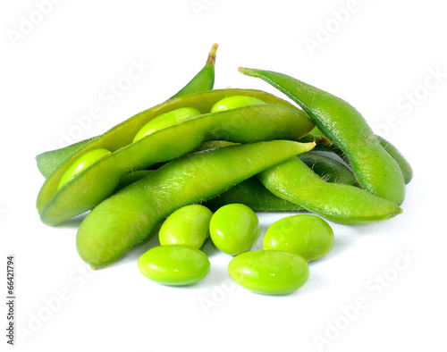 Green soybeans on white background