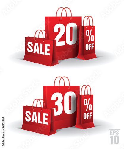 Shopping bag printed with a twenty and thirty discount. Vector.