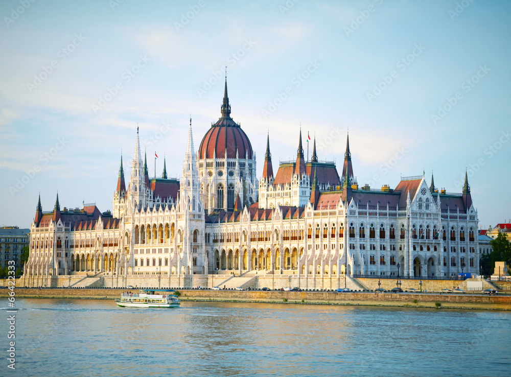 The building of the Parliament in sunset lights. Budapest, Hunga