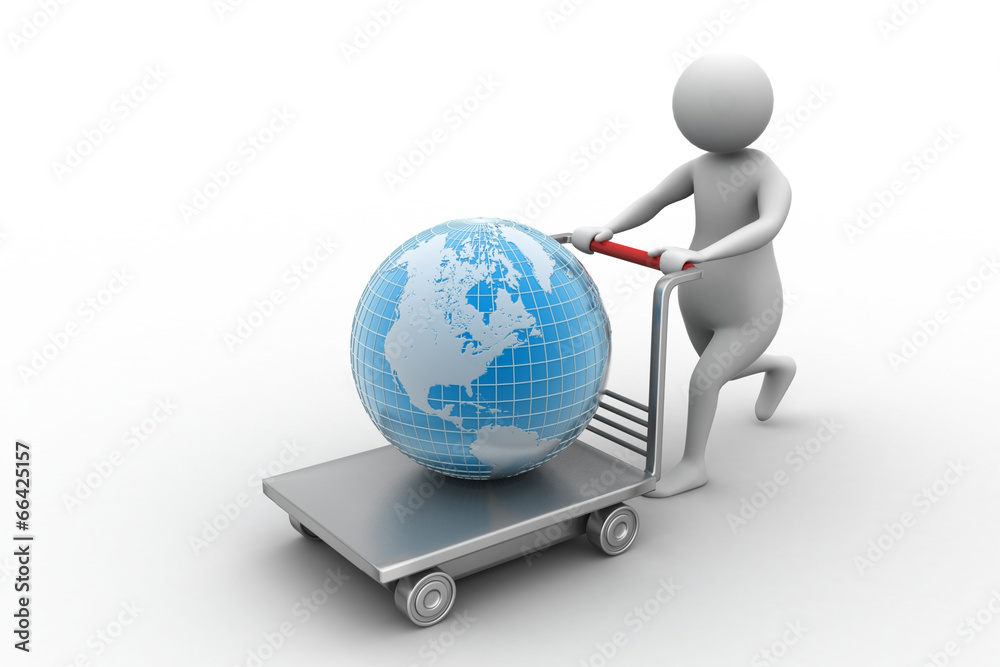 person with a shopping trolley and globe person with a shopping trolley and globe