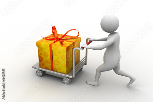 3d man pushing a gift box in the cart