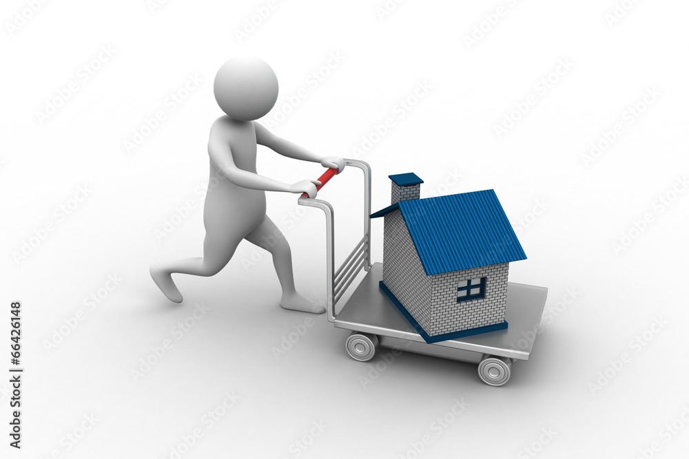 3d man pushing house in trolley 3d man pushing house in trolley