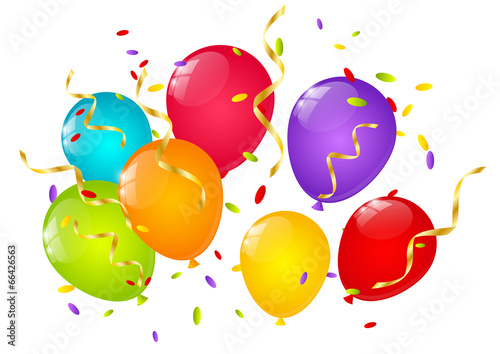 Color balloons with ribbons and confetti