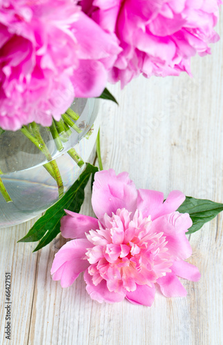 pink peonies in vase on white wooden surface