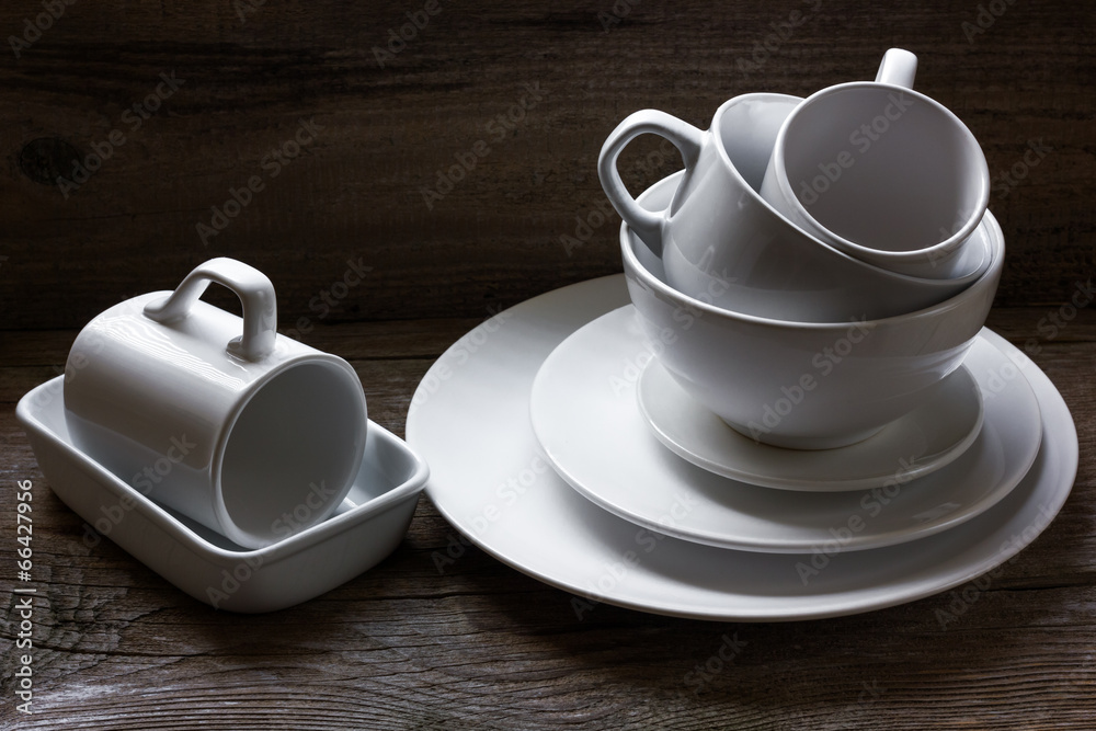 Clean dishes on wooden table Clean dishes on wooden table