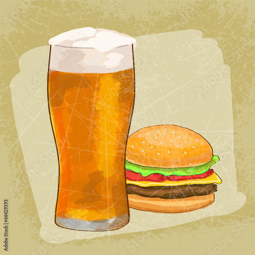 Cheesburger with beer grunge background. Vector illustration
