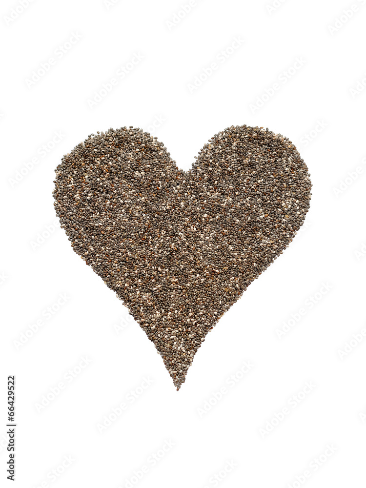 Chia seeds in heart shape isolated on white Chia seeds in heart shape isolated on white