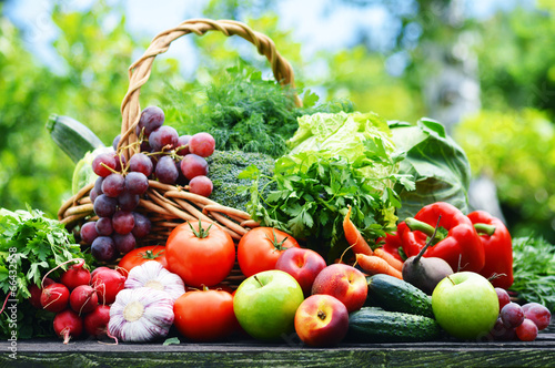 Fototapeta Naklejka Na Ścianę i Meble -  Fresh organic vegetables in wicker basket in the garden