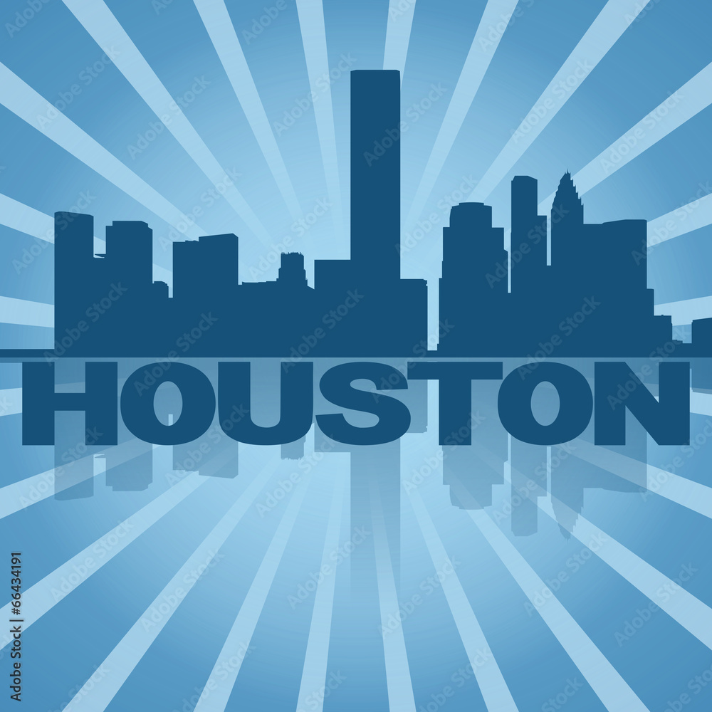 Fototapeta premium Houston skyline reflected with blue sunburst illustration