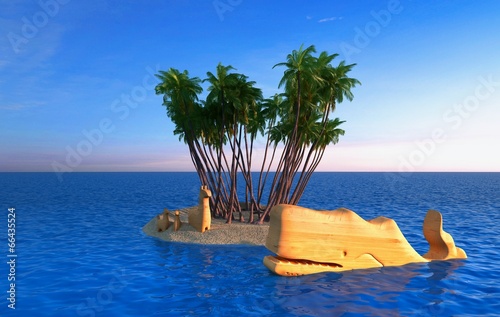 Isola tropicale, vacanza, naufragio, balena, cartoon photo