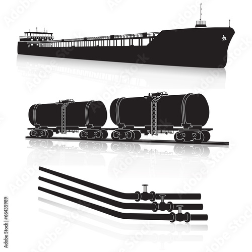oil transportation: marine tanker, rail tanker, pipelines