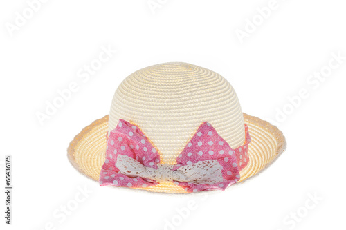 Pretty straw hat with pink ribbon on white background