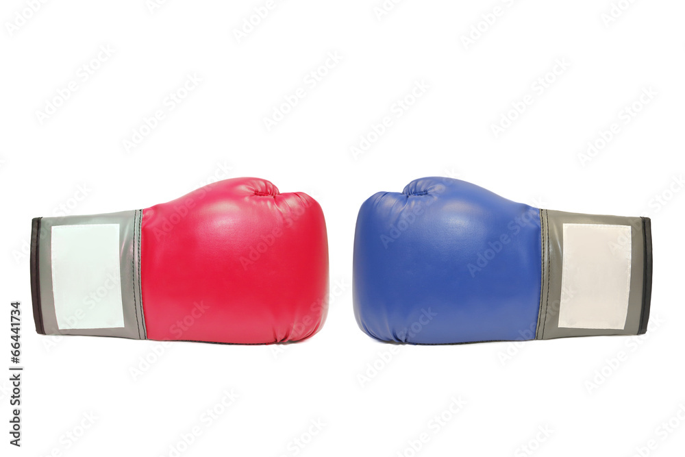 blue and red boxing gloves in white background - obrazy, fototapety, plakaty 