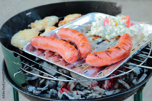 Sausages and shashlicks laying on the grill photo