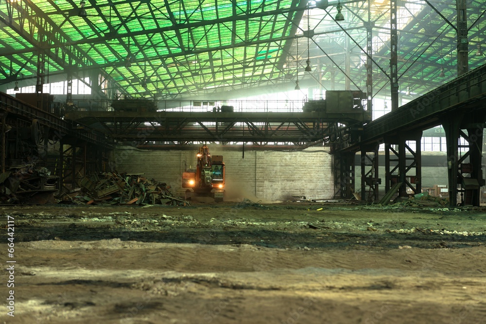 Industrial interior with bulldozer inside Industrial interior with bulldozer inside