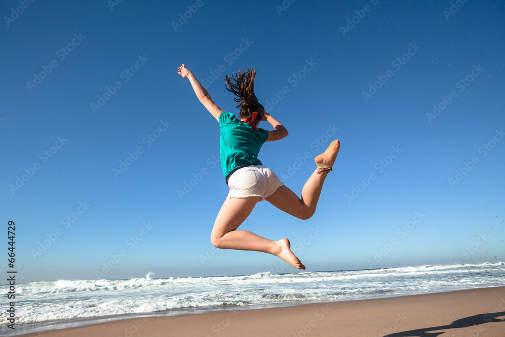 Girl Jumping Blue Beach Waves