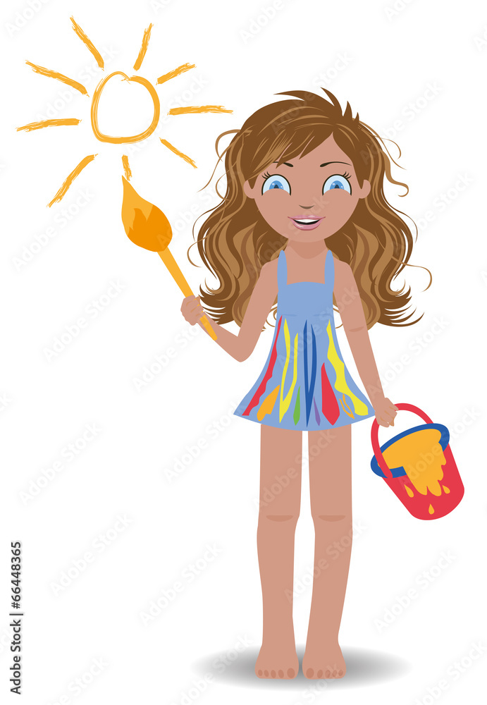 Little cute girl paint sun, vector illustration Little cute girl paint sun, vector illustration
