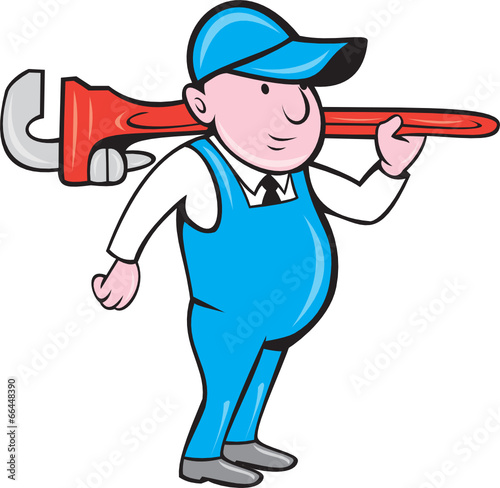 Plumber Holding Big Monkey Wrench Cartoon