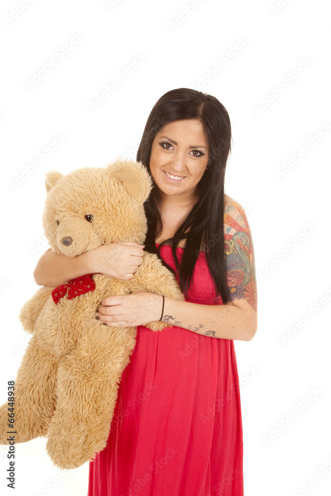 pregnant woman in red dress bear look smile pregnant woman in red dress bear look smile