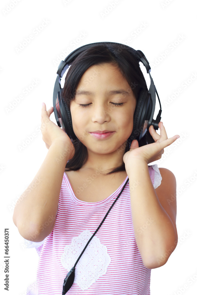 Asia girl wearing headphones on white background Asia girl wearing headphones on white background