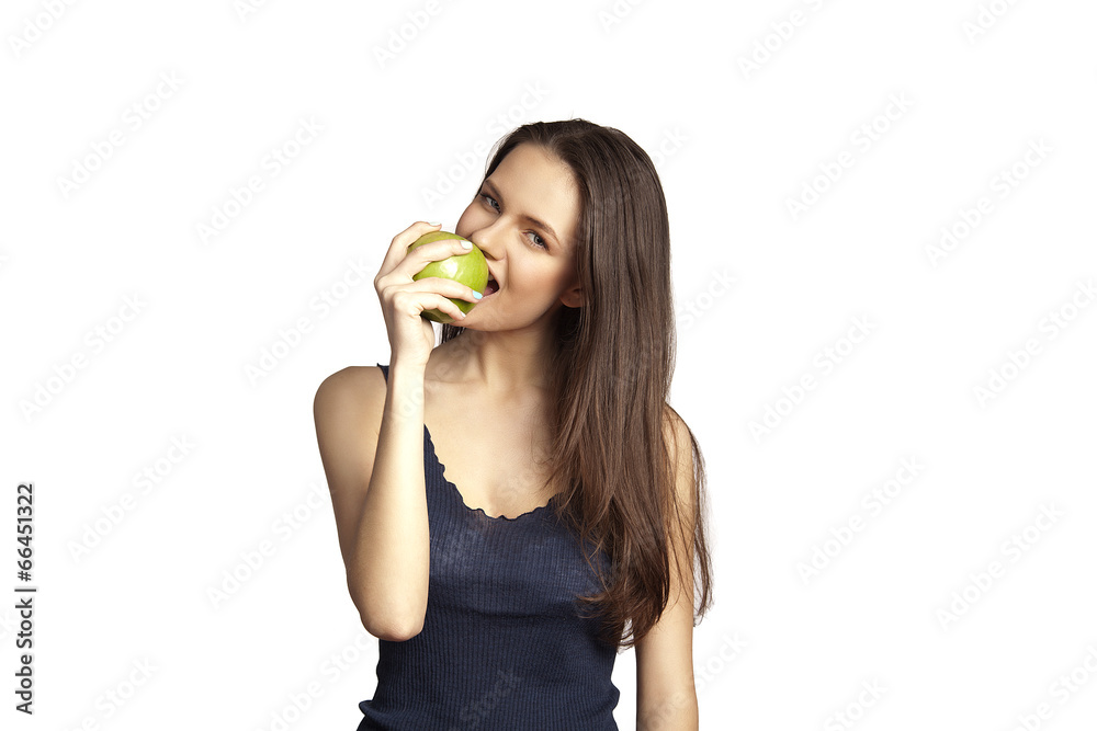 Smiling woman with apple on white Smiling woman with apple on white