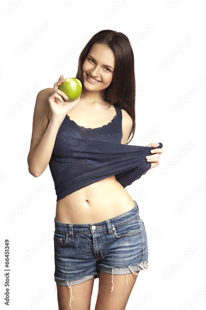 Smiling woman with apple on white Smiling woman with apple on white
