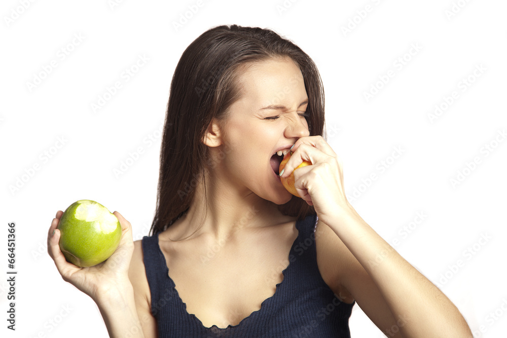 Smiling woman with apple on white Smiling woman with apple on white