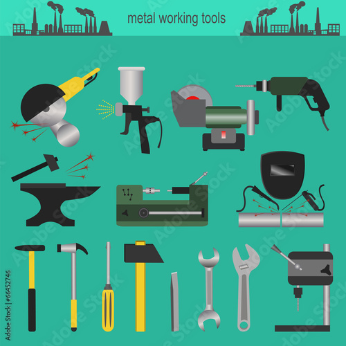 Set of metallurgy icons, metal working tools; steel profiles for