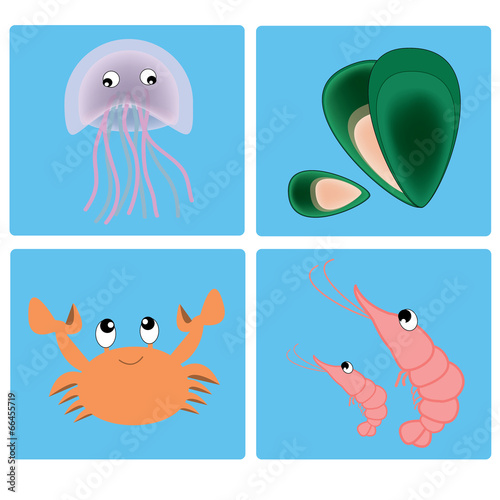 vector seafood set on the blue background