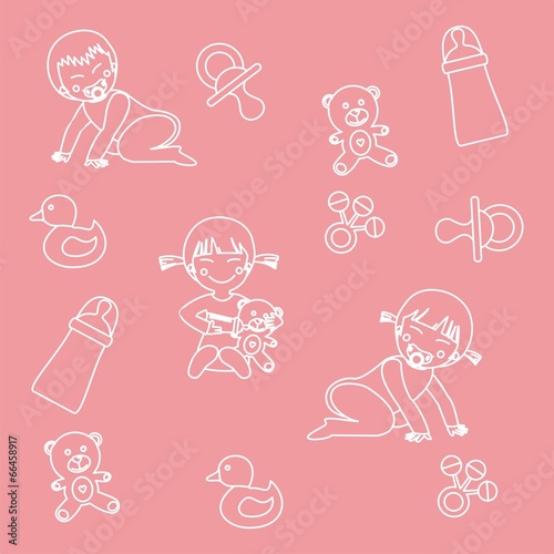 Patrón con motivos infantiles sobre fondo rosa. Ilustración vectorial